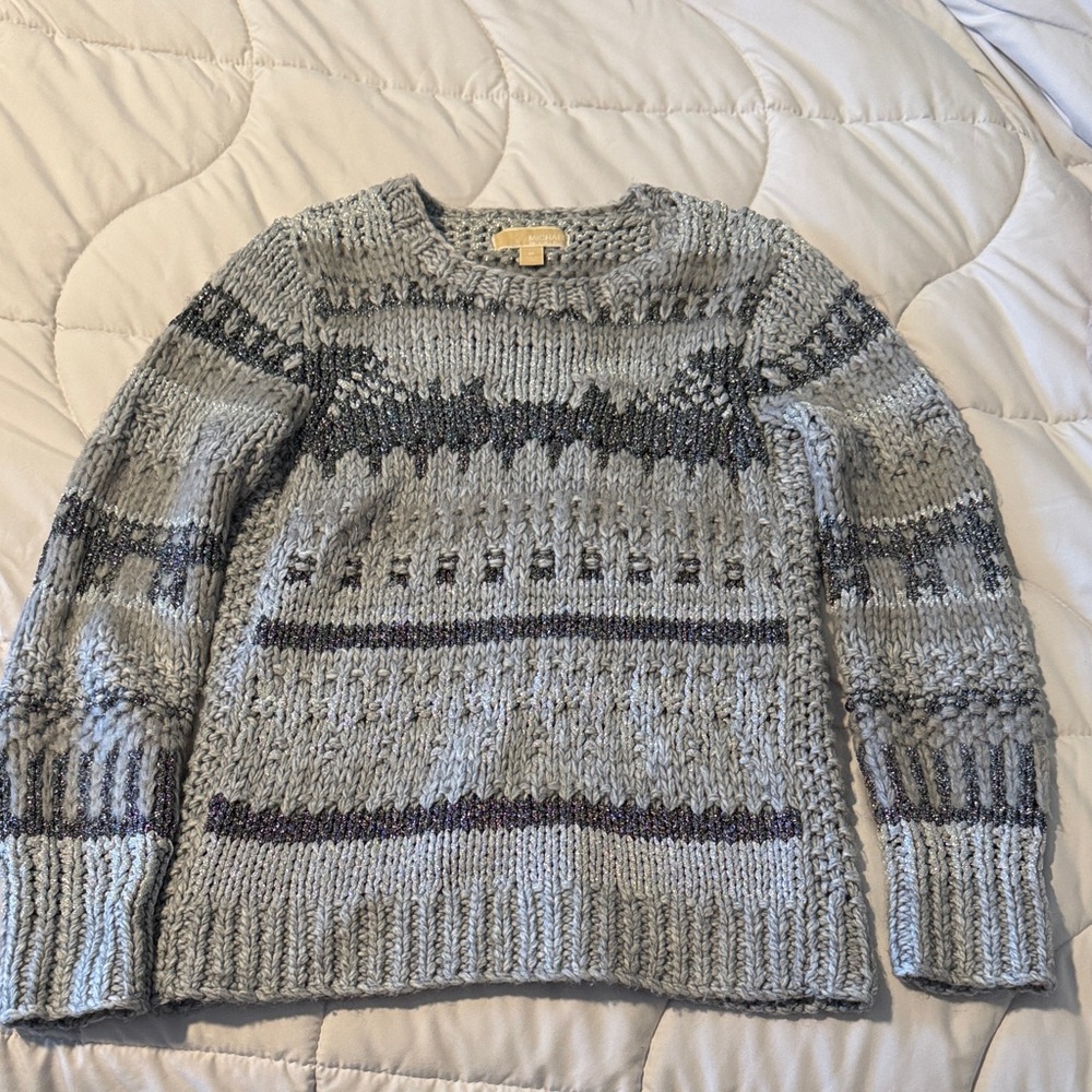 Gray Patterned Knit Sweater - image 1